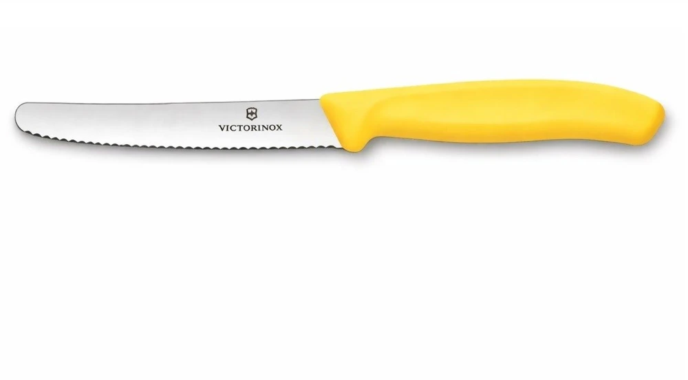 Virtuvinis peilis Victorinox Swiss Classic 6.7838.C1 dantytais ašmenimis, su užapvalintu galiuku, geltonas