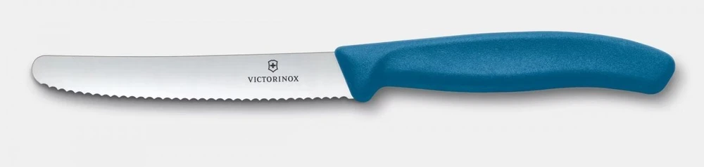 Virtuvinis peilis Victorinox Swiss Classic 6.7832.C1 dantytais ašmenimis ir užapvalintu galu, mėlynas