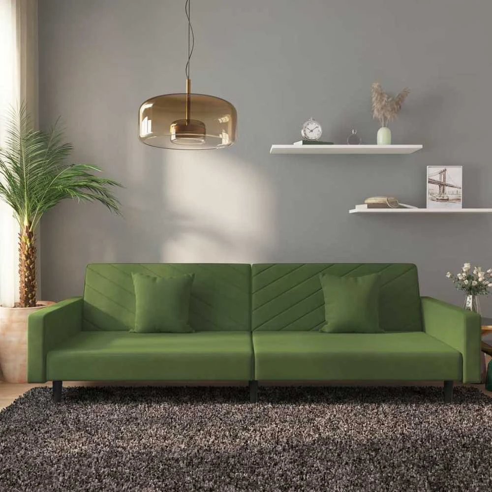 Dvivietė sofa-lova su dvejomis pagalvėmis, žalia, aksomas