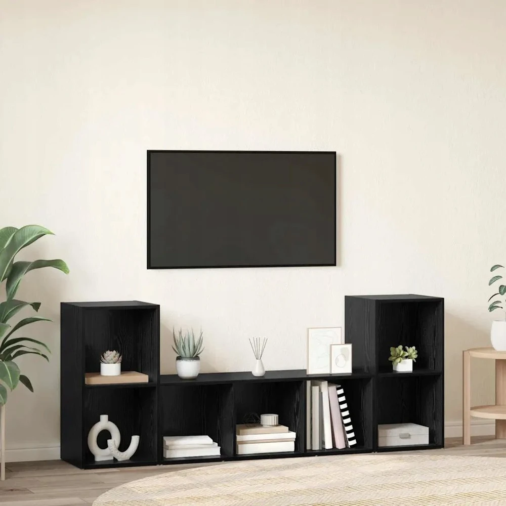 TV staliukas TV spintelių komplektas 3 vnt. Juoda Apdirbta mediena