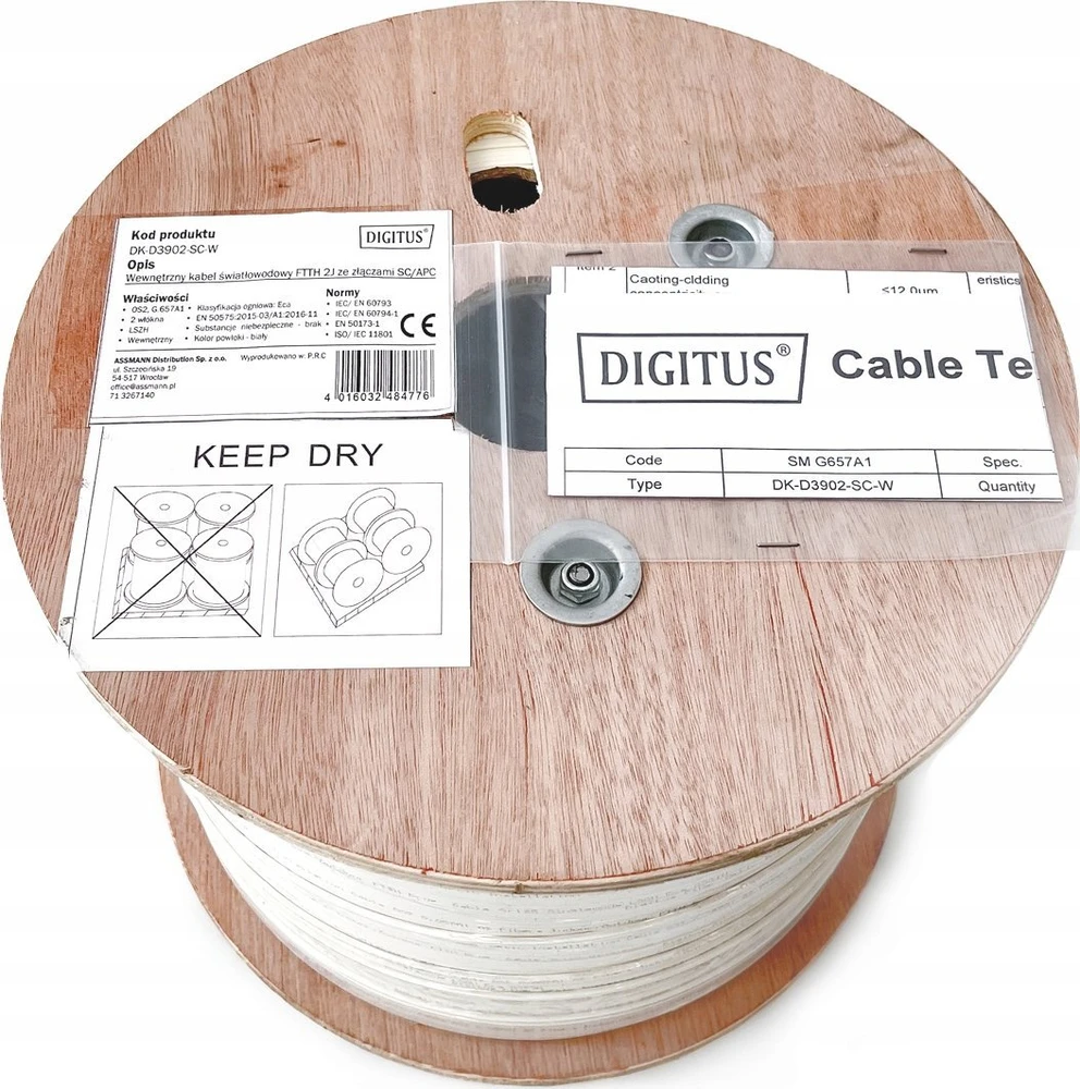 Digitus Professional Vidinis šviesolaidinis kabelis FTTH 2 su jungtimis SC, SM 9/125 OS2 G57A1, Eca, LSOH, baltas, 1km.