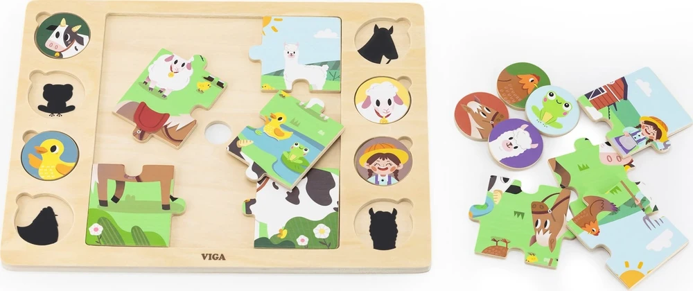 Viga Toys Mediniai dėlionės puzzle VIGA Atspėk iš šešėlio ferma 17 detalių