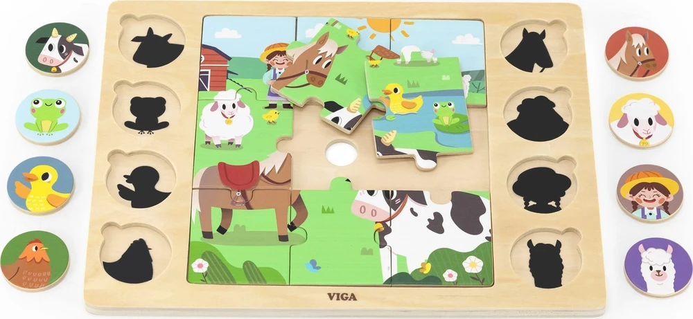 Viga Toys Mediniai dėlionės puzzle VIGA Atspėk iš šešėlio ferma 17 detalių