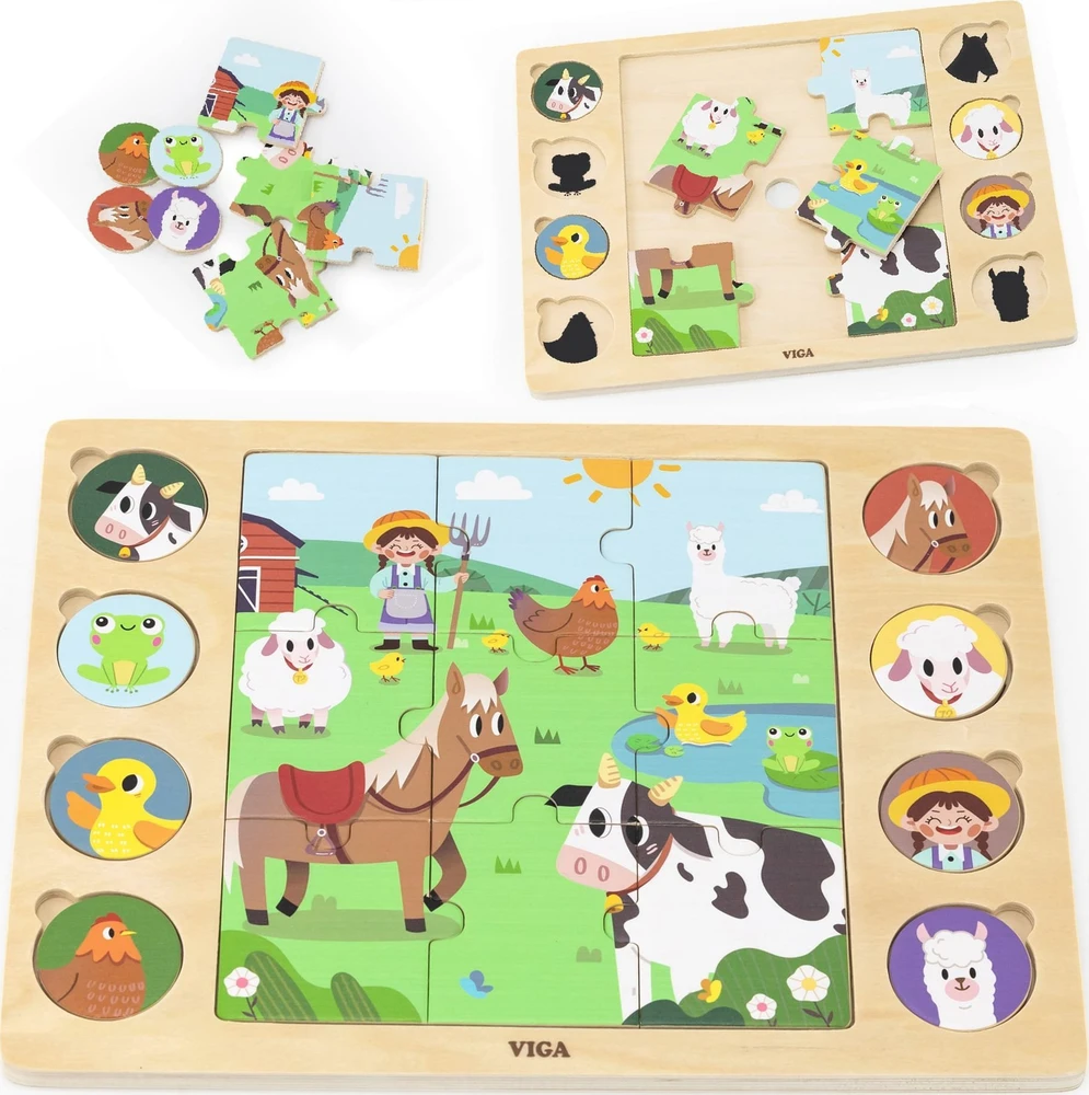 Viga Toys Mediniai dėlionės puzzle VIGA Atspėk iš šešėlio ferma 17 detalių