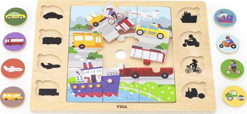 Viga Toys VIGA Medinė Dėlionė Spėk pagal Šešėlį - Transporto Priemonės 17 el.