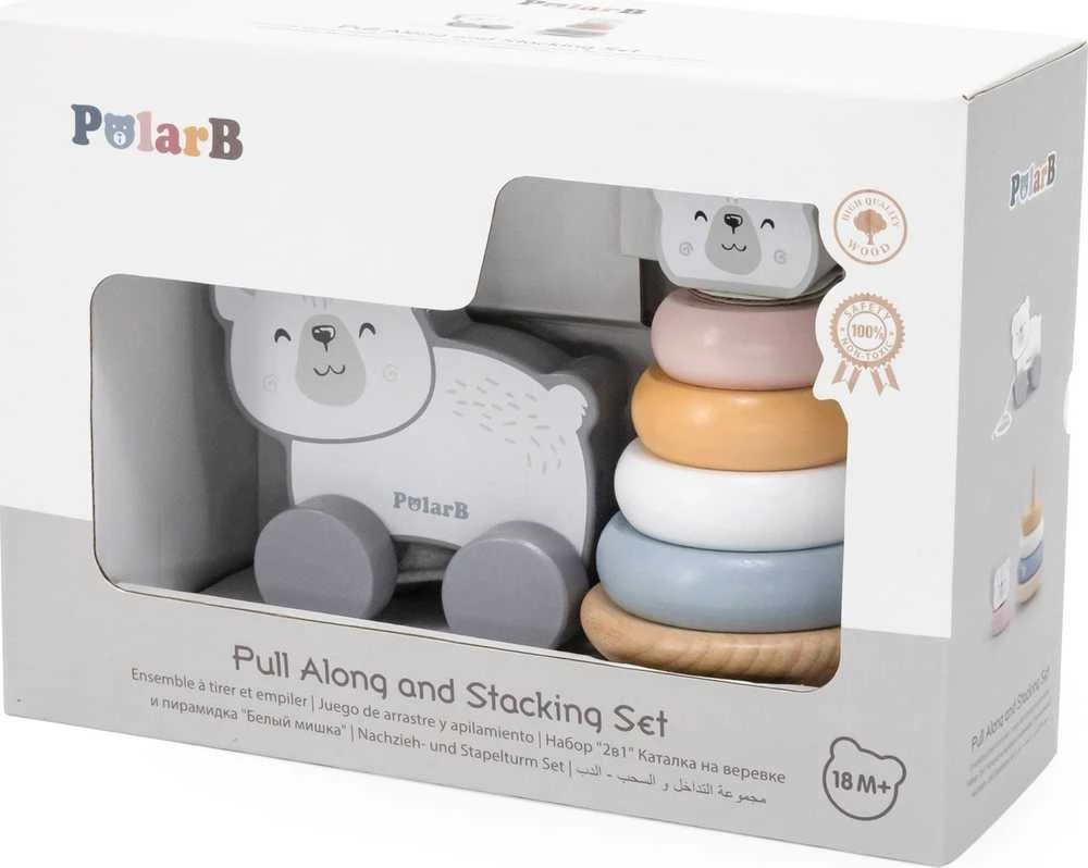 Viga Toys Viga Medinis Žaislas PolarB Komplektas: Poliarinis Lokys Stacking Piramidė + Traukiamas Poliarinis Lokys