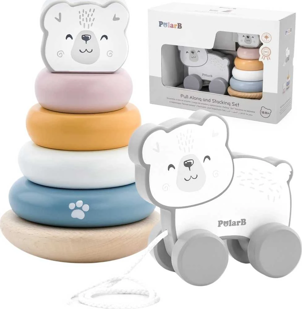 Viga Toys Viga Medinis Žaislas PolarB Komplektas: Poliarinis Lokys Stacking Piramidė + Traukiamas Poliarinis Lokys