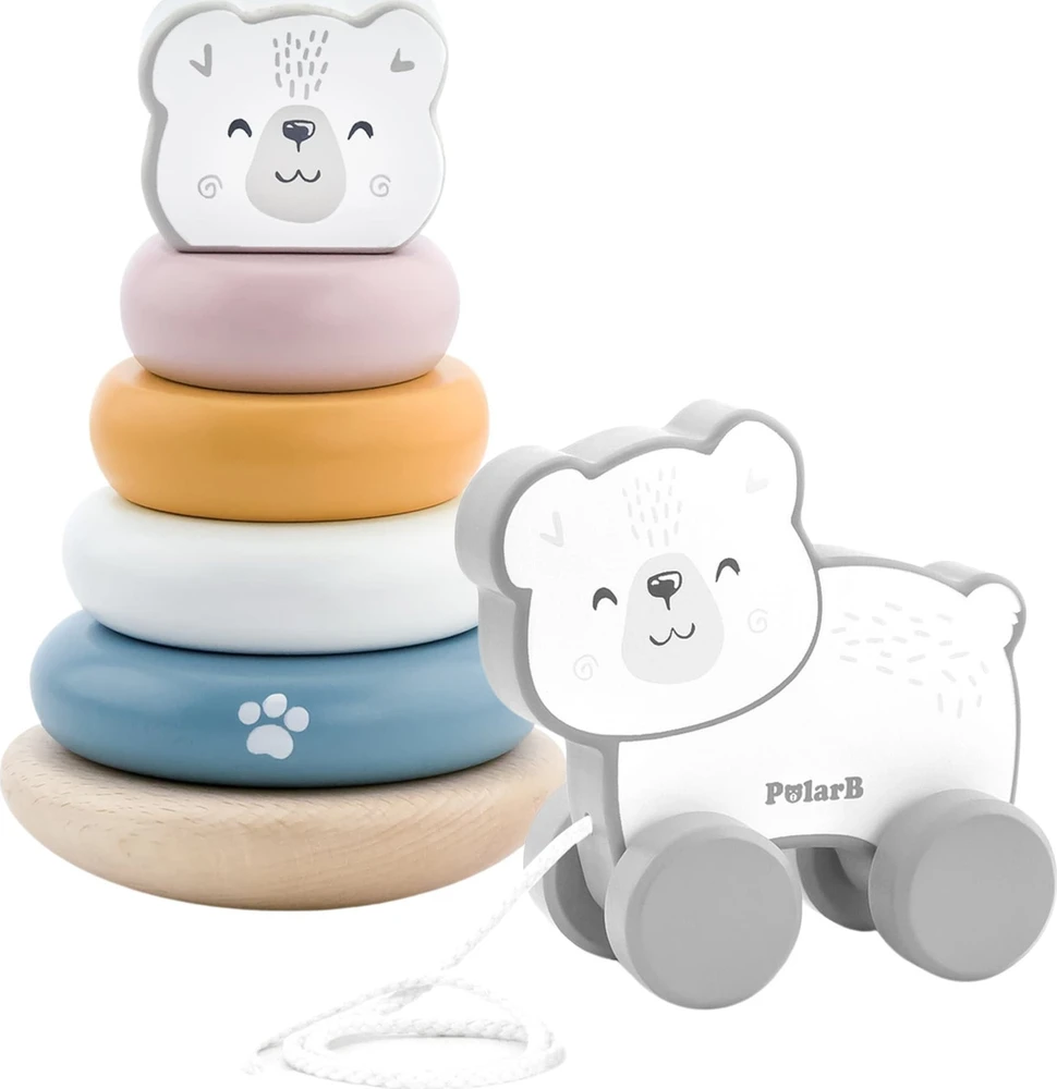 Viga Toys Viga Medinis Žaislas PolarB Komplektas: Poliarinis Lokys Stacking Piramidė + Traukiamas Poliarinis Lokys