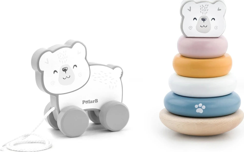 Viga Toys Viga Medinis Žaislas PolarB Komplektas: Poliarinis Lokys Stacking Piramidė + Traukiamas Poliarinis Lokys
