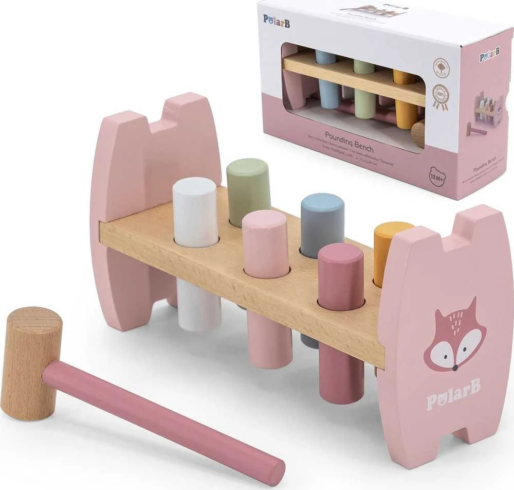 Viga Medinė Paspaudimo Žaislas Su Plaktuku Lapė Montessori