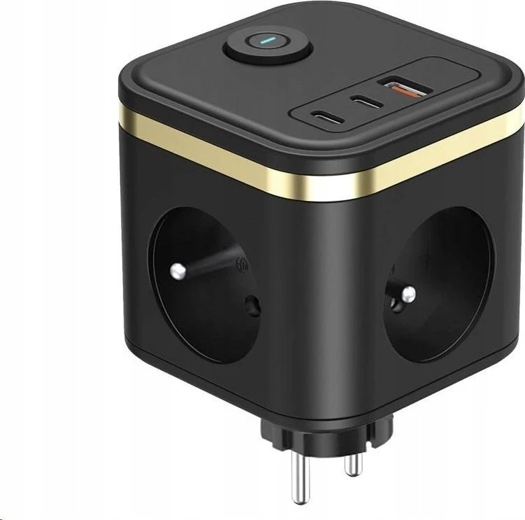 „Viking Y33“ maitinimo adapteris, 3x 230 V, 1x USB-A, 2x USB-C, įjungimo/išjungimo mygtukas, juodas