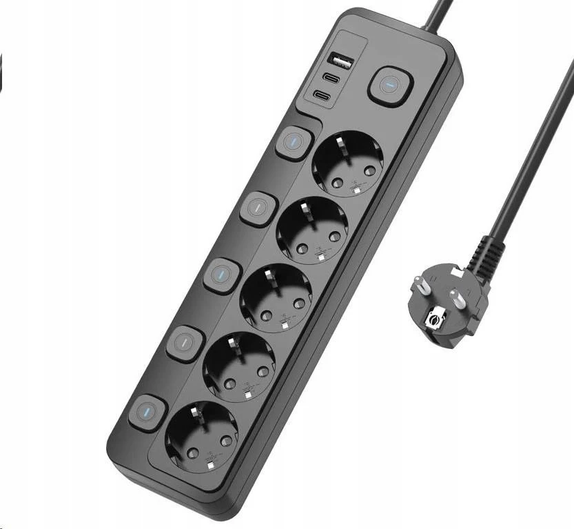 Viking tinklo praplėtimo lizdas YC53S, 5x AC 230V, 1x USB-A, 2x USB-C, ON/OFF mygtukas, ilgis 1,5 m, juodas