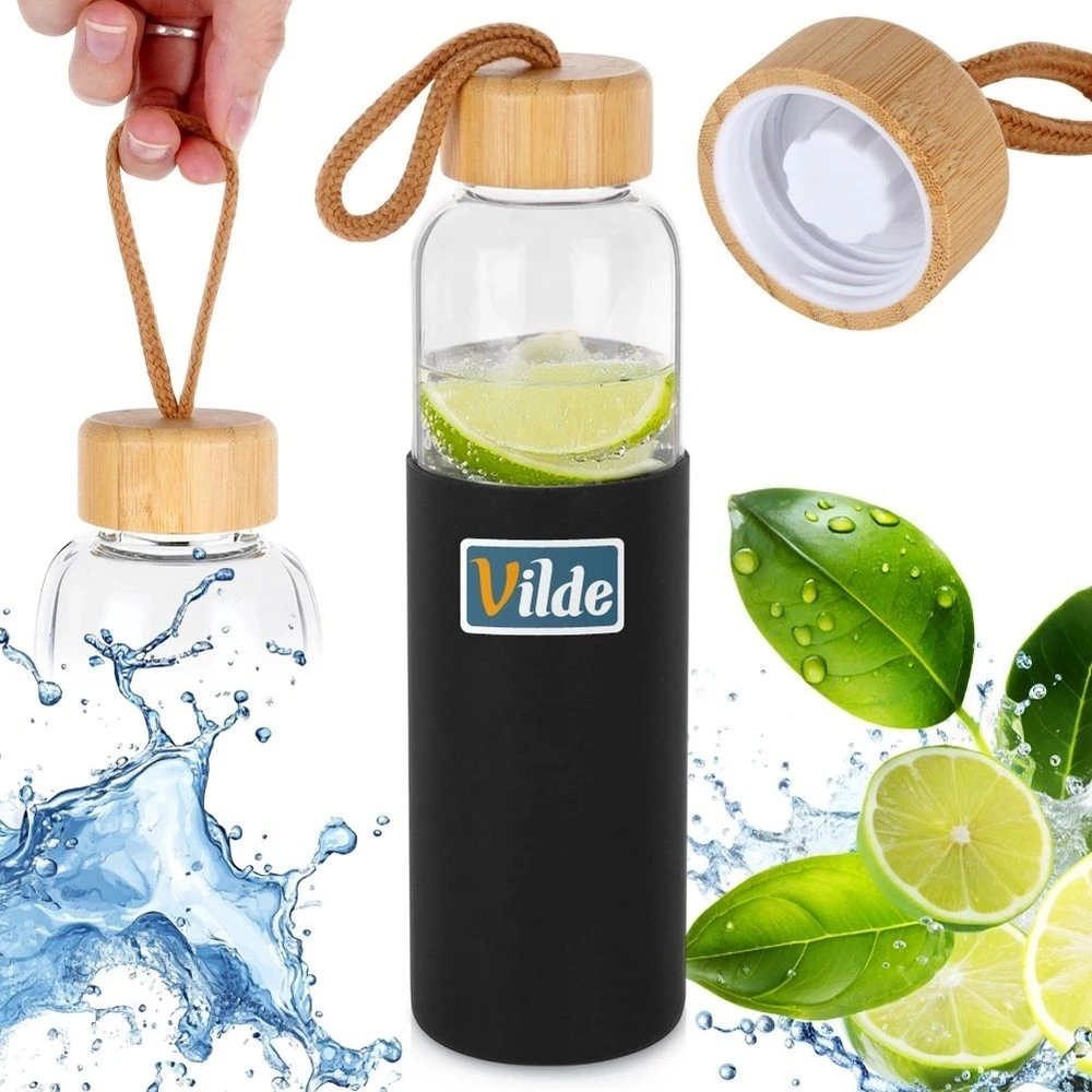Gertuvė Stiklinis vandens butelis Vilde su silikoniniu dėklu 500 ml