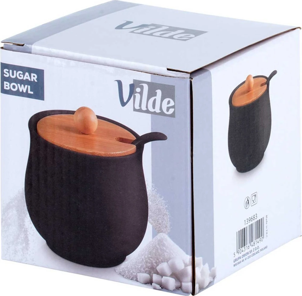 Keraminė juoda cukrinė su bambuko dangteliu ir šaukšteliu Vilde, 250 ml