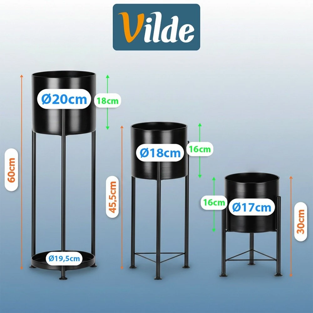 Vilde Trijų gėlių stovų rinkinys, metaliniai, juodi