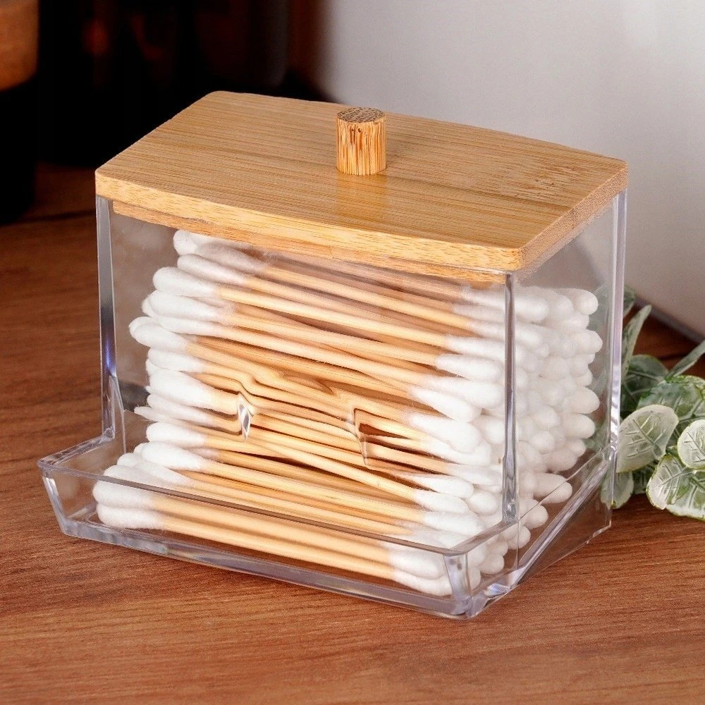 Kosmetinių pagaliukų dėklas Vilde 9x7x9 cm su bambuko dangteliu