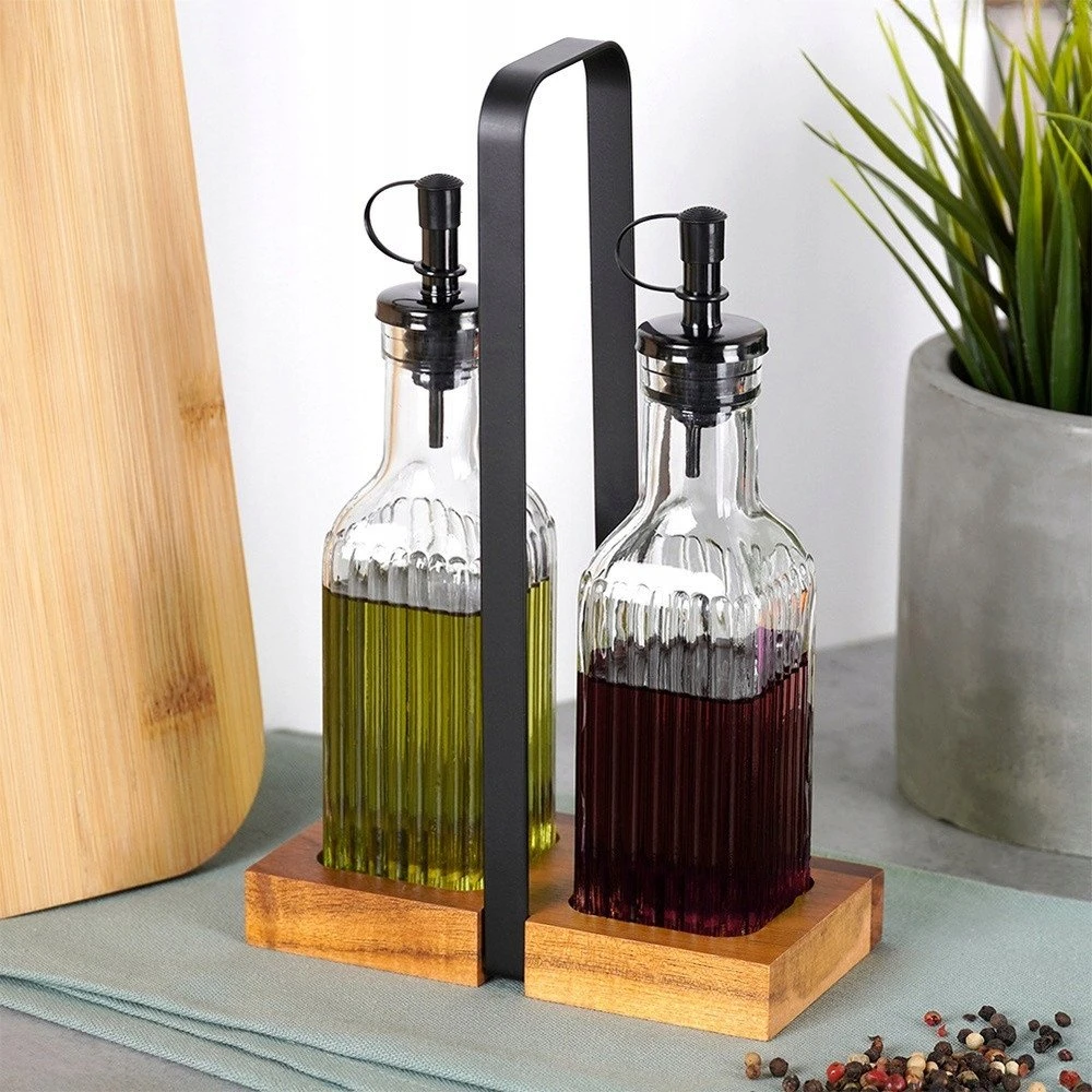 Aliejaus ir acto butelių rinkinys su stovu Vilde 2x190 ml