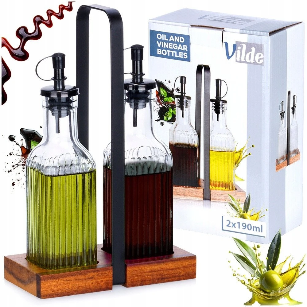 Aliejaus ir acto butelių rinkinys su stovu Vilde 2x190 ml