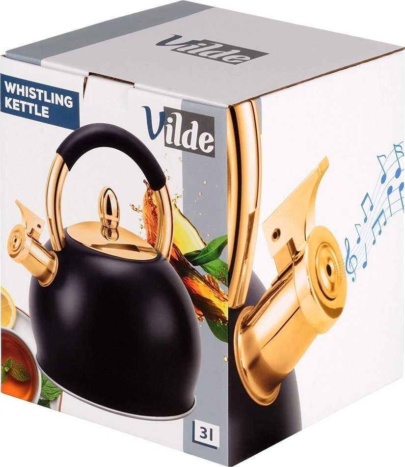 Virdulys Vilde Arbatinis su švilpuku, 3 l, juodas su auksiniais elementais