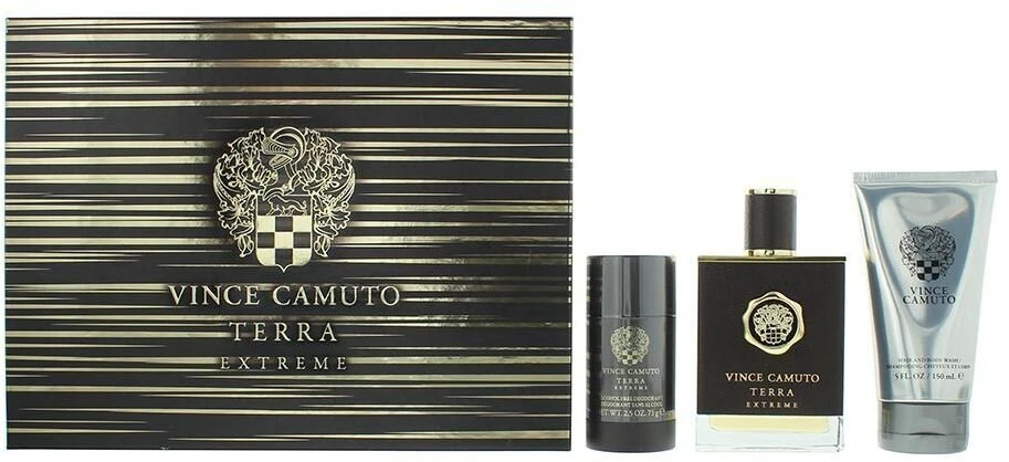 Set Vince Camuto: Terra Extreme Eau De Toilette For Men, 100 ml + Terra Extreme Anti-Perspirant Dezodorantas Stick For Men, 71 g + Terra Extreme Dušo želė & Šampūnas 2-In-1, 150 ml