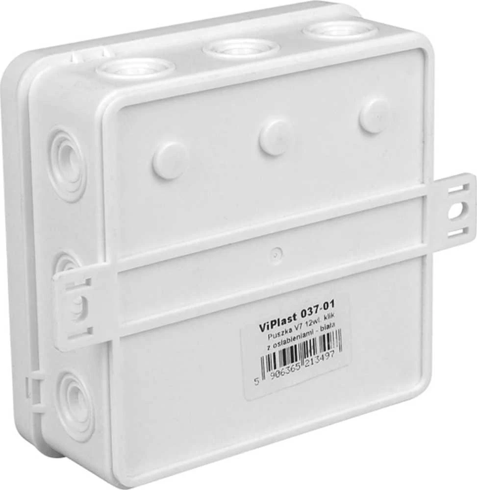 Tuščia ant paviršiaus montuojama dėžutė su 12 įvadų VIPLAST V7 click Baltas IP54 100x100x41mm 037-01