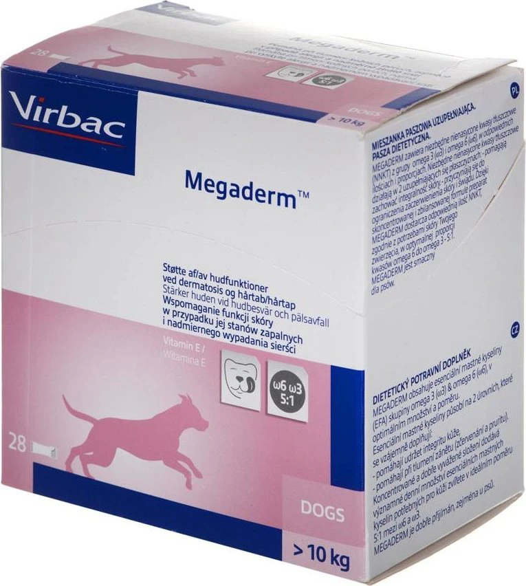 VIRBAC Megaderm riebalų rūgštys, palaikančios odą ir kailį – papildai šunims – 28 x 8 ml