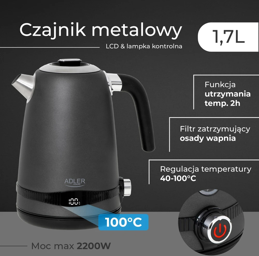 Virdulys Adler AD 1295, 1,7 l, 2200 W, nerūdijantis plienas, Pilkas