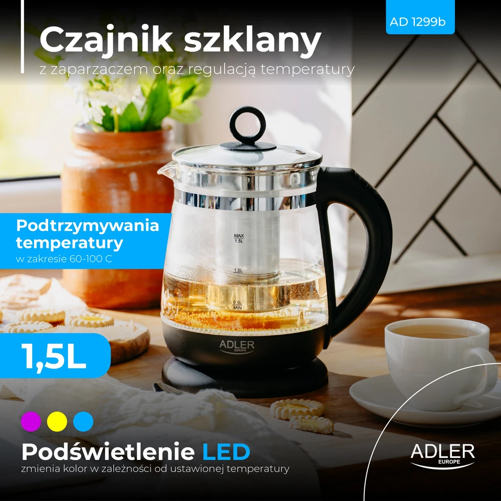 Adler | Virdulys | AD 1299 | Electric | 2200 W | 1.5 L | Glass | 360° rotational base | Juodas