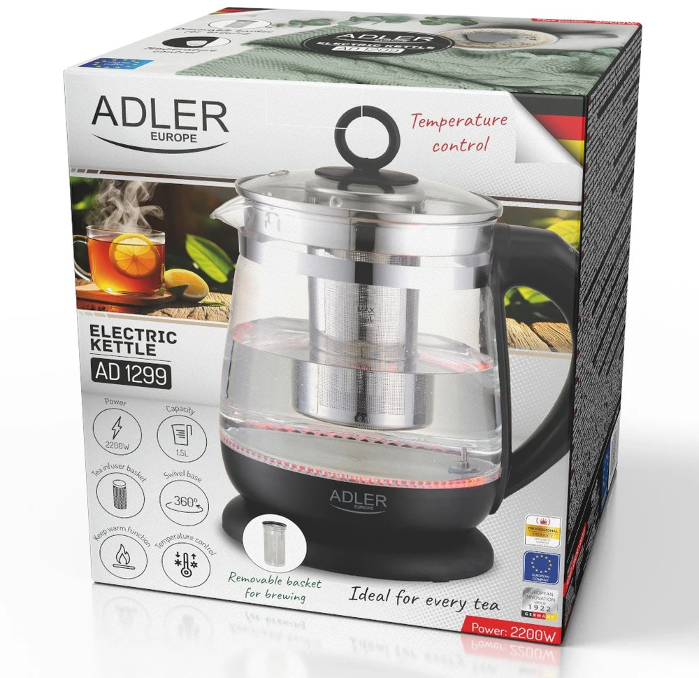 Adler | Virdulys | AD 1299 | Electric | 2200 W | 1.5 L | Glass | 360° rotational base | Juodas