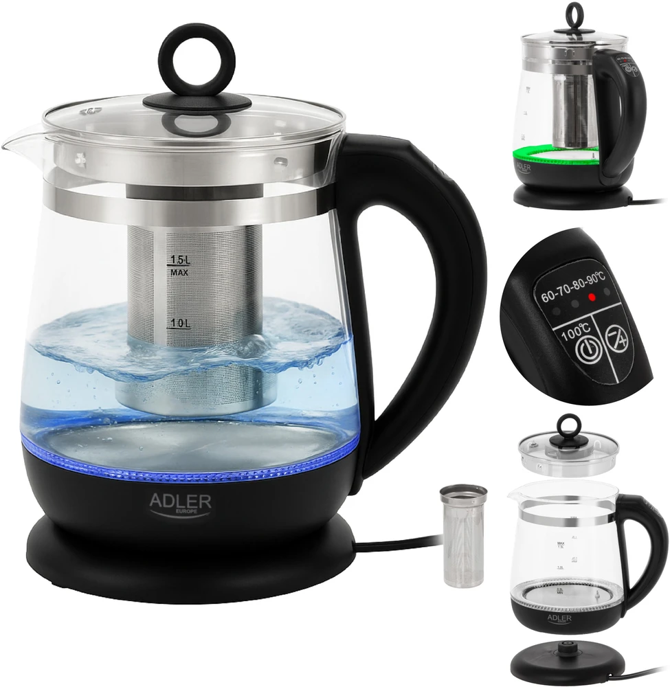 Adler | Virdulys | AD 1299 | Electric | 2200 W | 1.5 L | Glass | 360° rotational base | Juodas