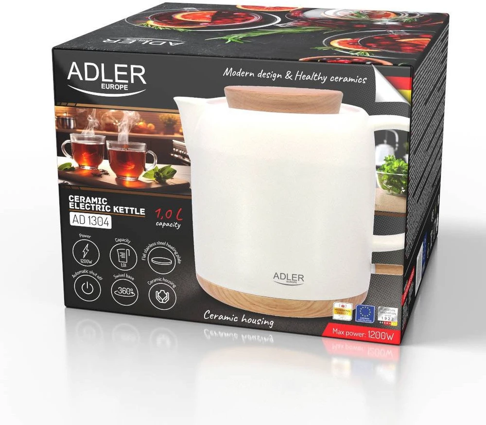 Adler Electric Virdulys | 1304 m. AD | Elektrinis | 1200 W | 1 L | Keramika | 360° sukamasis pagrindas | Baltas