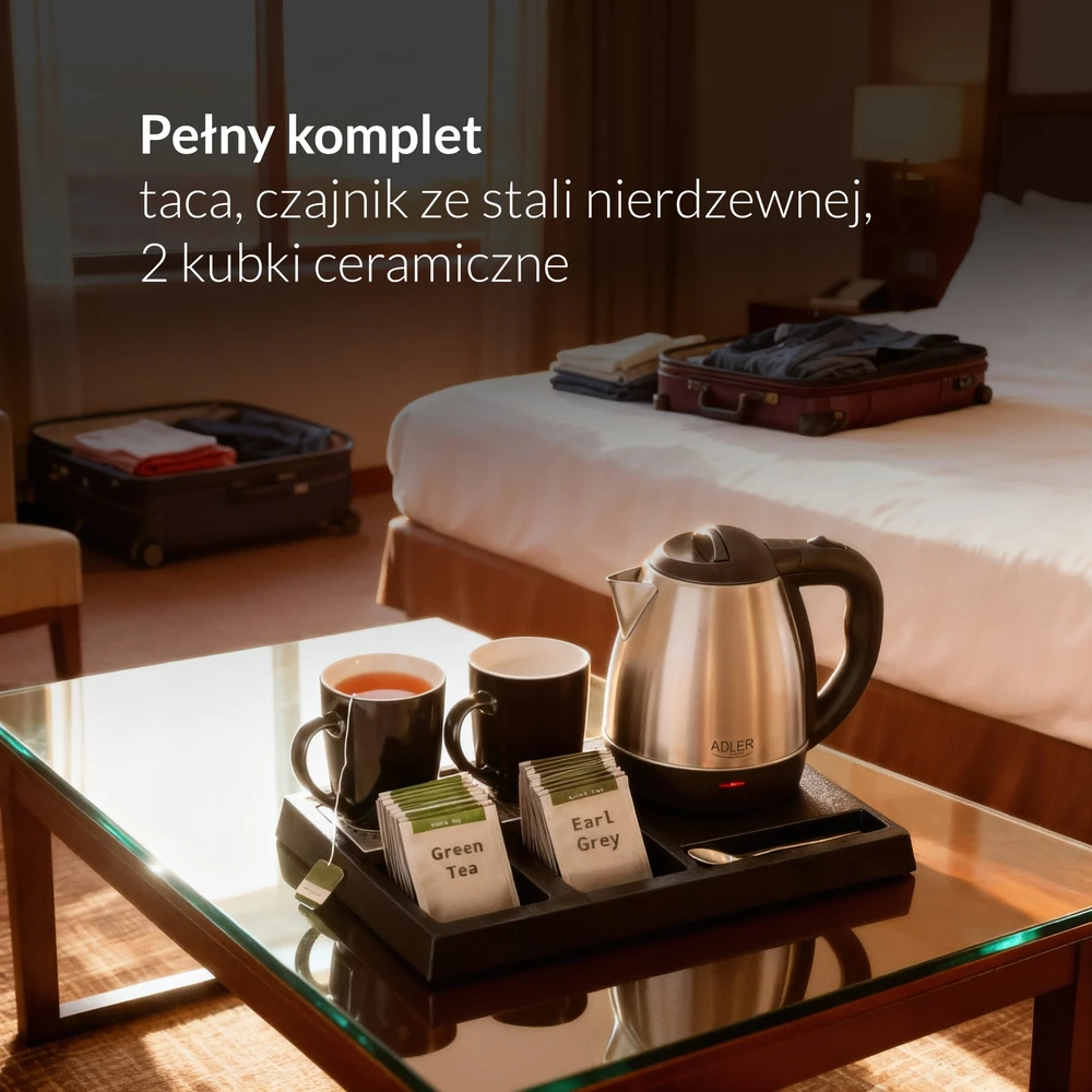 Adler AD 1354 viešbučio virdulys, nerūdijančio plieno, 1,2 l + padėklas su puodeliais, juodas, plienas