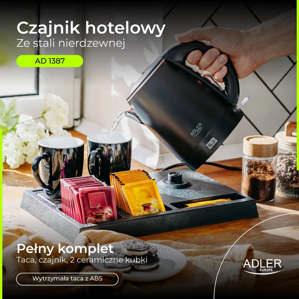 Adler AD 1387 viešbučio virdulys, nerūdijančio plieno, 1 l + padėklas su puodeliais, juodas