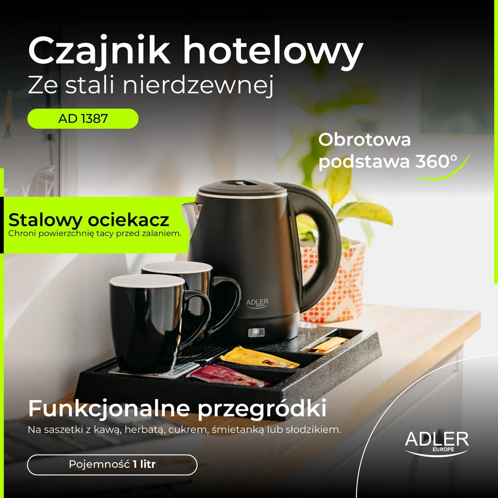 Adler AD 1387 viešbučio virdulys, nerūdijančio plieno, 1 l + padėklas su puodeliais, juodas