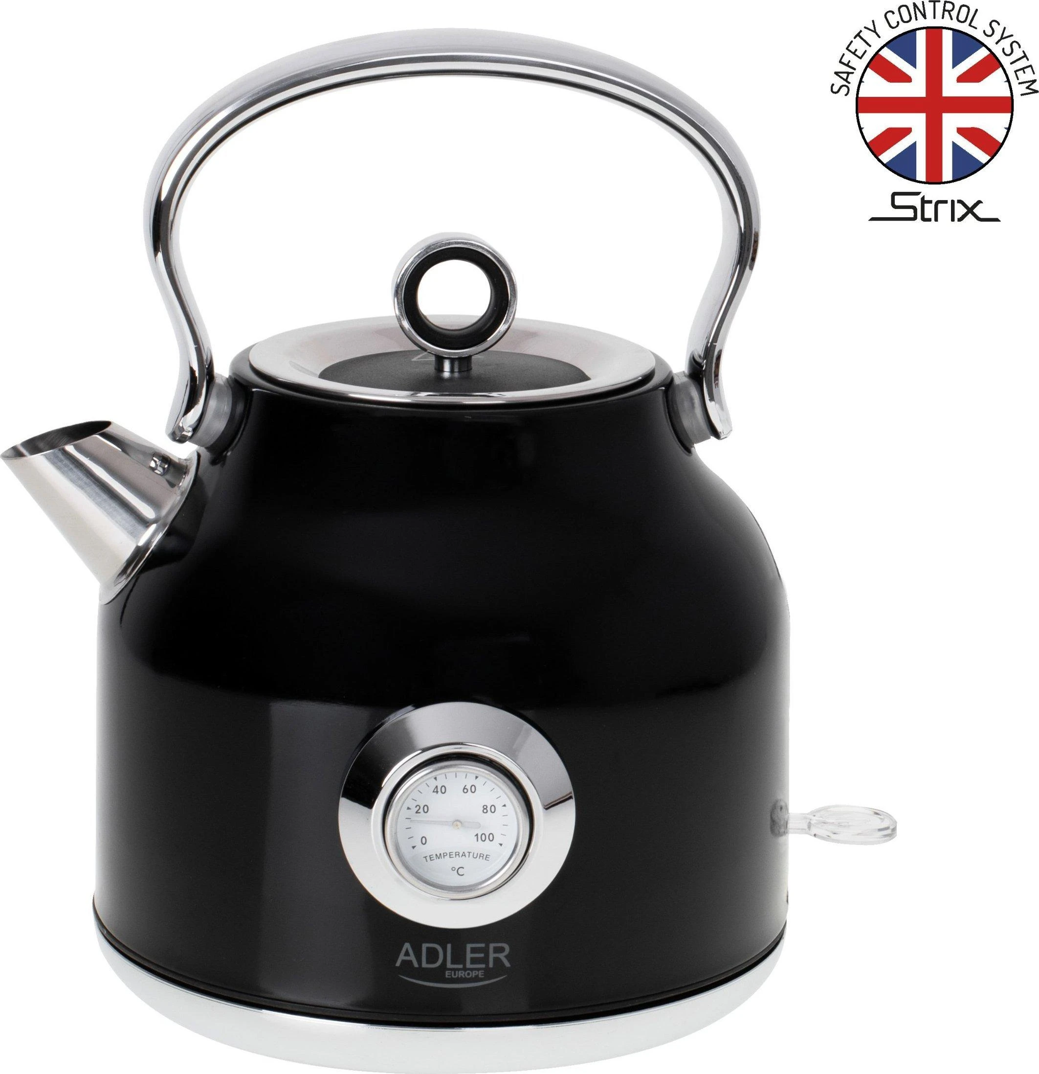 Adler | Virdulys with a Thermomete | AD 1346b | Electric | 2200 W | 1.7 L | Nerūdijantis plienas | 360° rotational base | Juodas