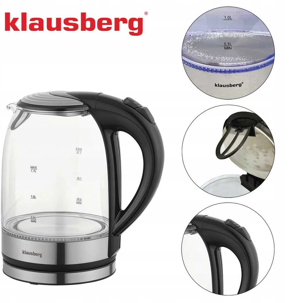 Virdulys, Elektrinis virdulys, stiklinis, su LED, 1,7 l, Klausberg, kb-7886