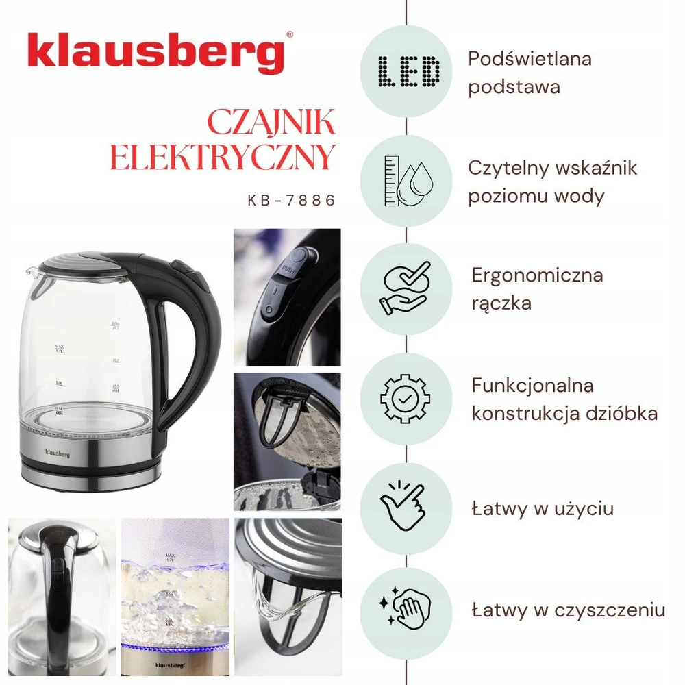 Virdulys, Elektrinis virdulys, stiklinis, su LED, 1,7 l, Klausberg, kb-7886