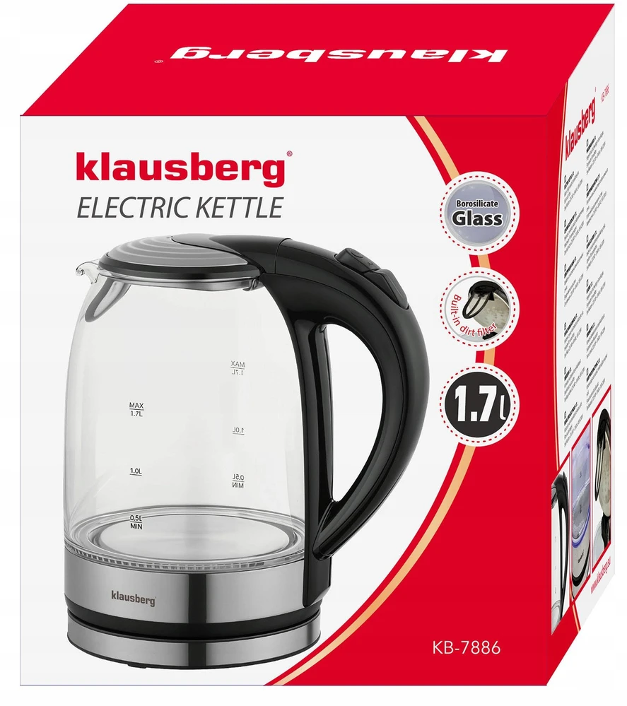 Virdulys, Elektrinis virdulys, stiklinis, su LED, 1,7 l, Klausberg, kb-7886