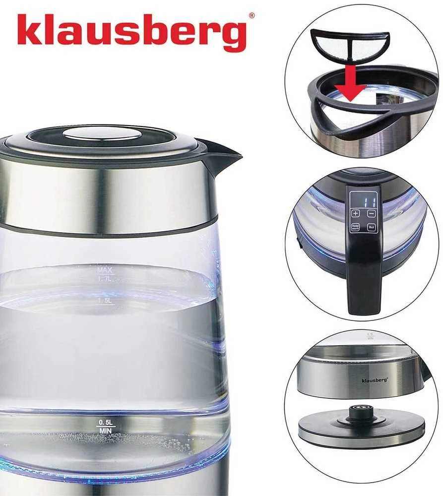 Virdulys, Elektrinis virdulys, stiklinis, su LED, 1,7 l, Klausberg, kb-7888