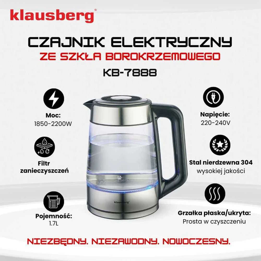 Virdulys, Elektrinis virdulys, stiklinis, su LED, 1,7 l, Klausberg, kb-7888