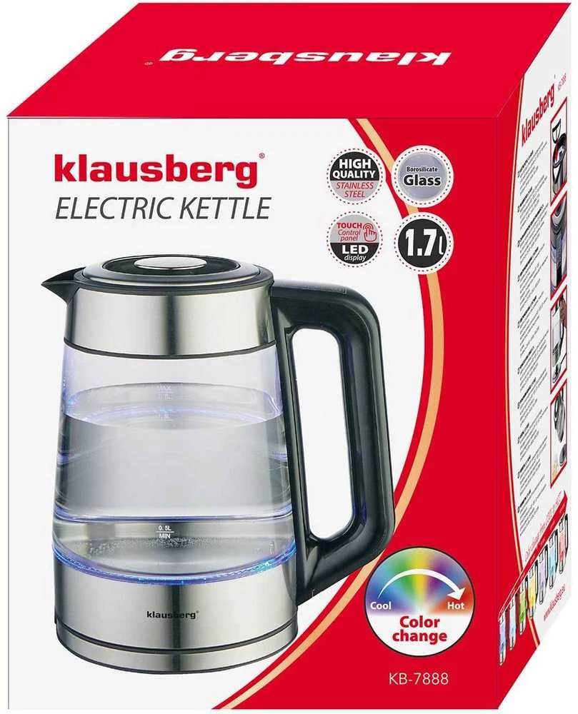 Virdulys, Elektrinis virdulys, stiklinis, su LED, 1,7 l, Klausberg, kb-7888