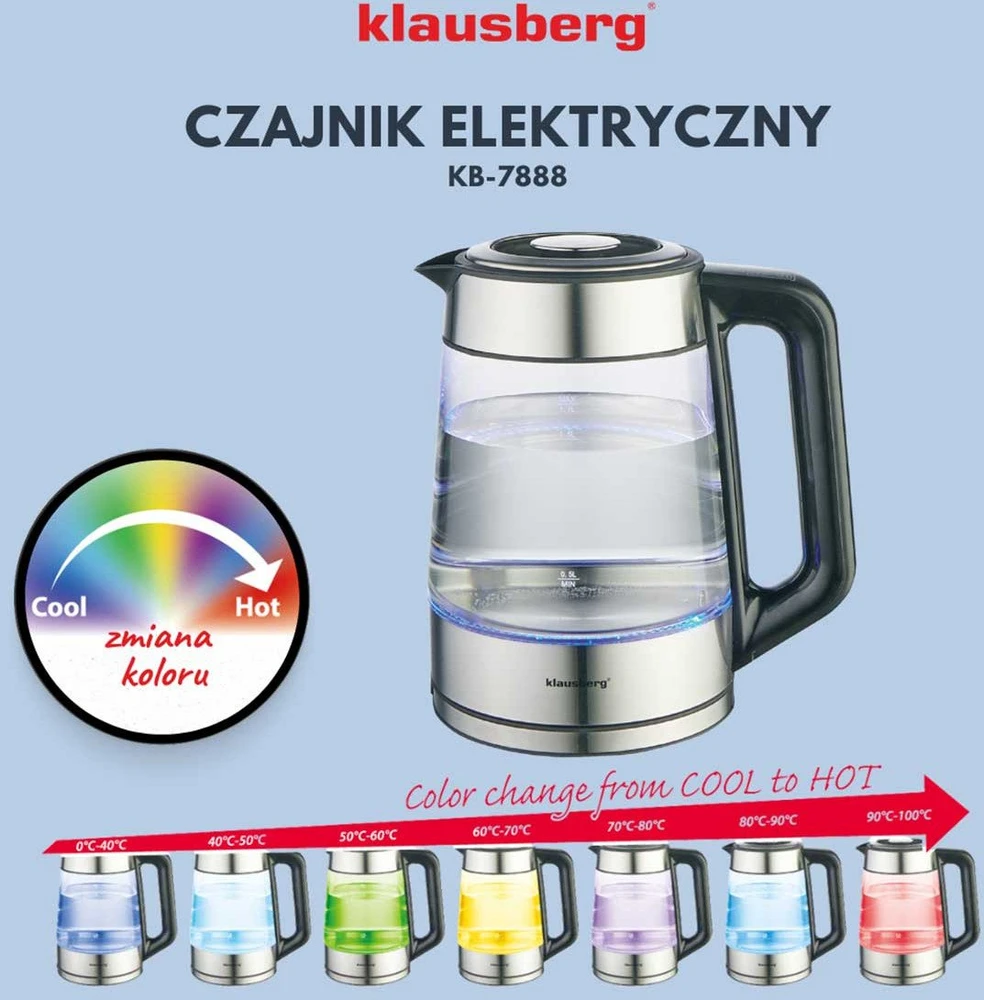 Virdulys, Elektrinis virdulys, stiklinis, su LED, 1,7 l, Klausberg, kb-7888