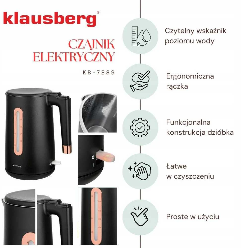 Virdulys, Elektrinis virdulys, juodas/rožinio aukso spalvos, 1,7 l, klausberg, KB-7889