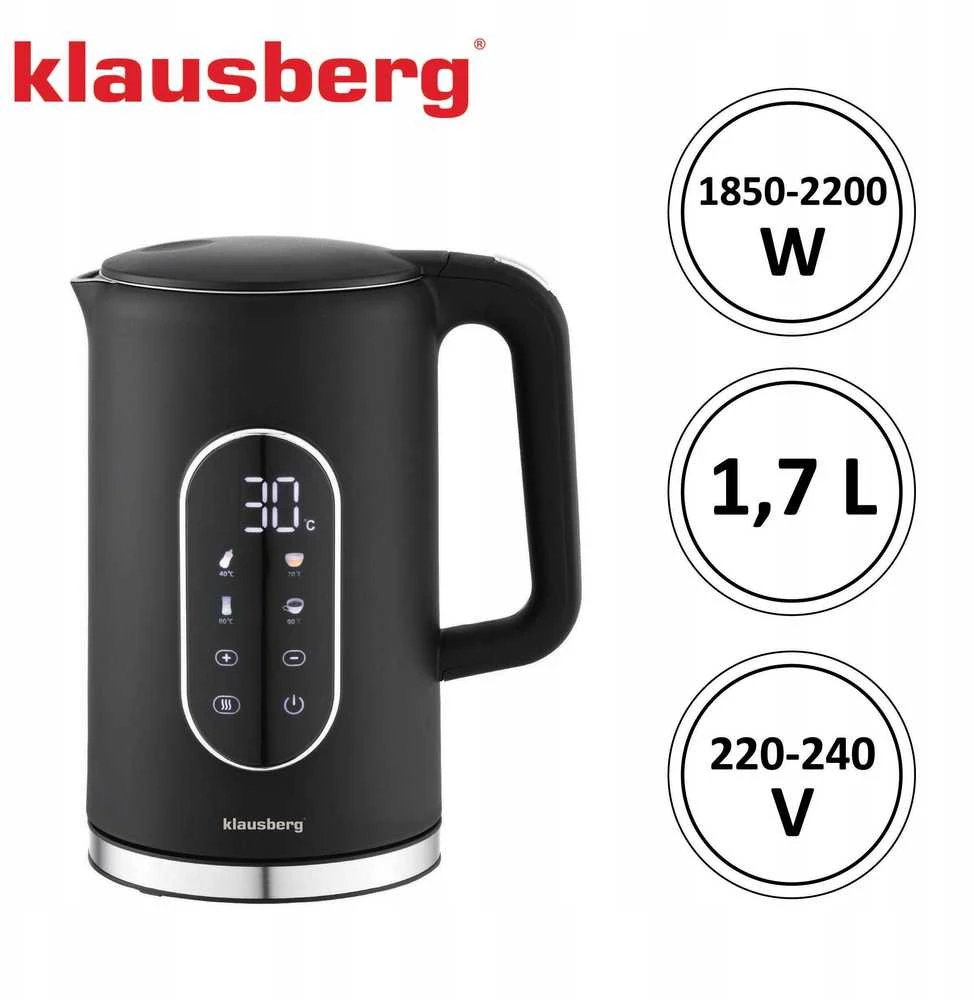 Virdulys, Elektrinis virdulys, juodas, su LED skydeliu, 1,7 l, Klausberg, kb-7891