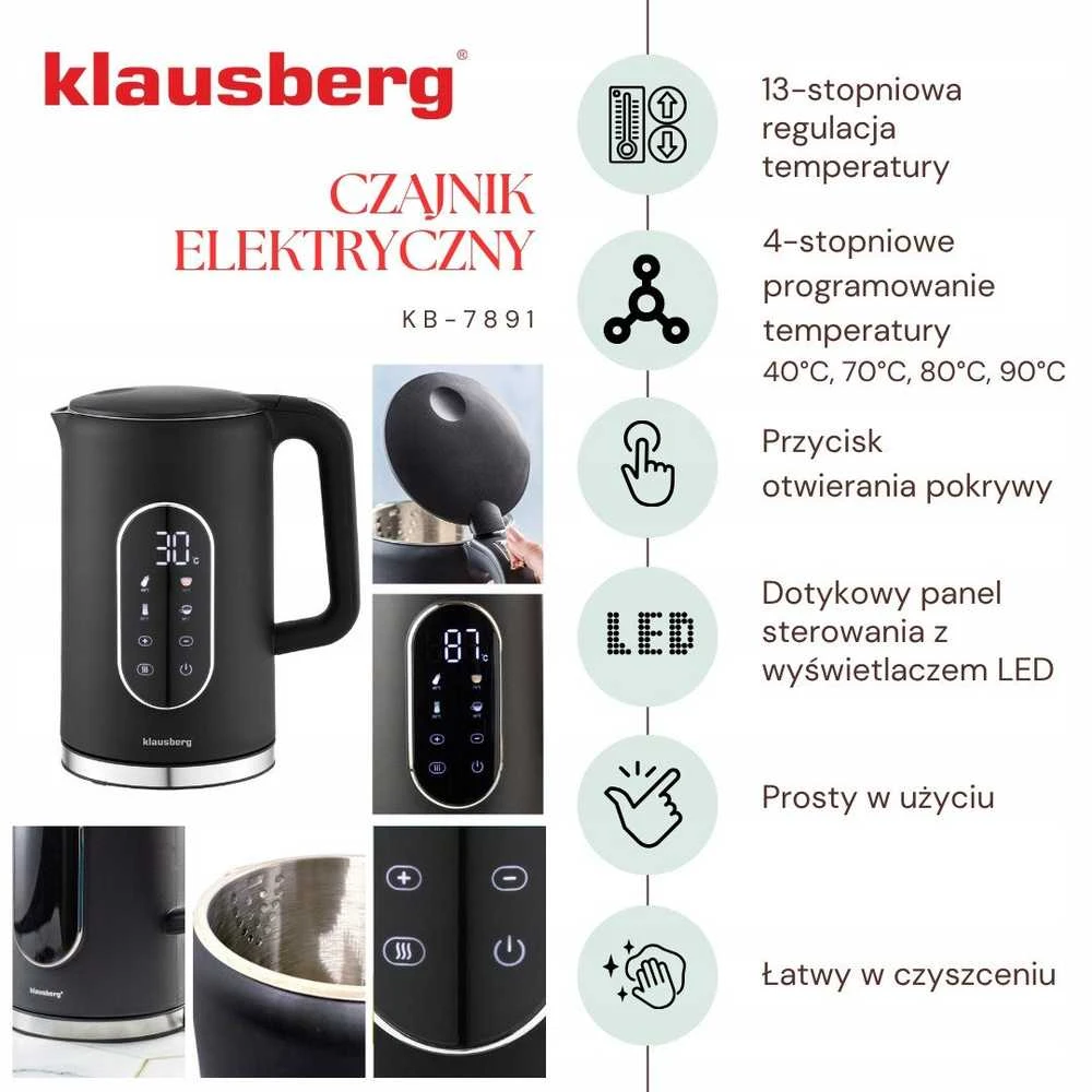 Virdulys, Elektrinis virdulys, juodas, su LED skydeliu, 1,7 l, Klausberg, kb-7891