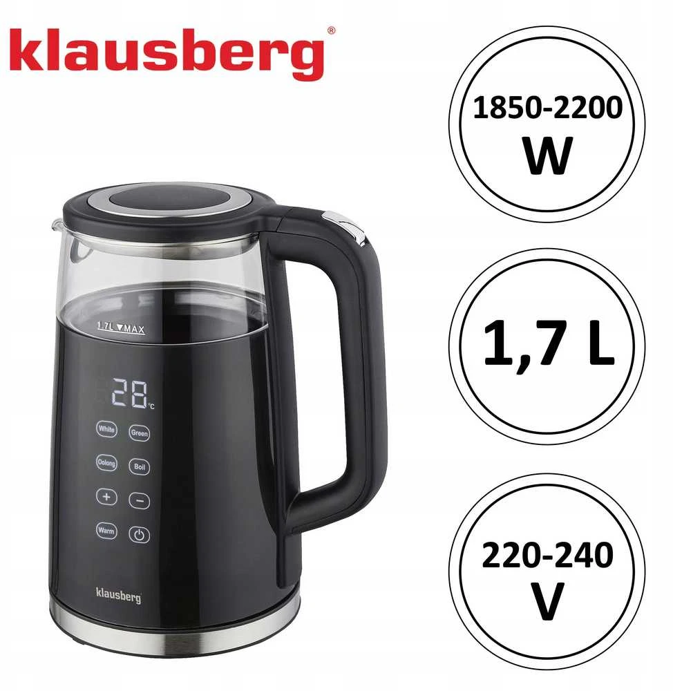 Virdulys, Elektrinis virdulys, stiklinis, juodas, LED panelė, 1 l, Klausberg, kb-7894