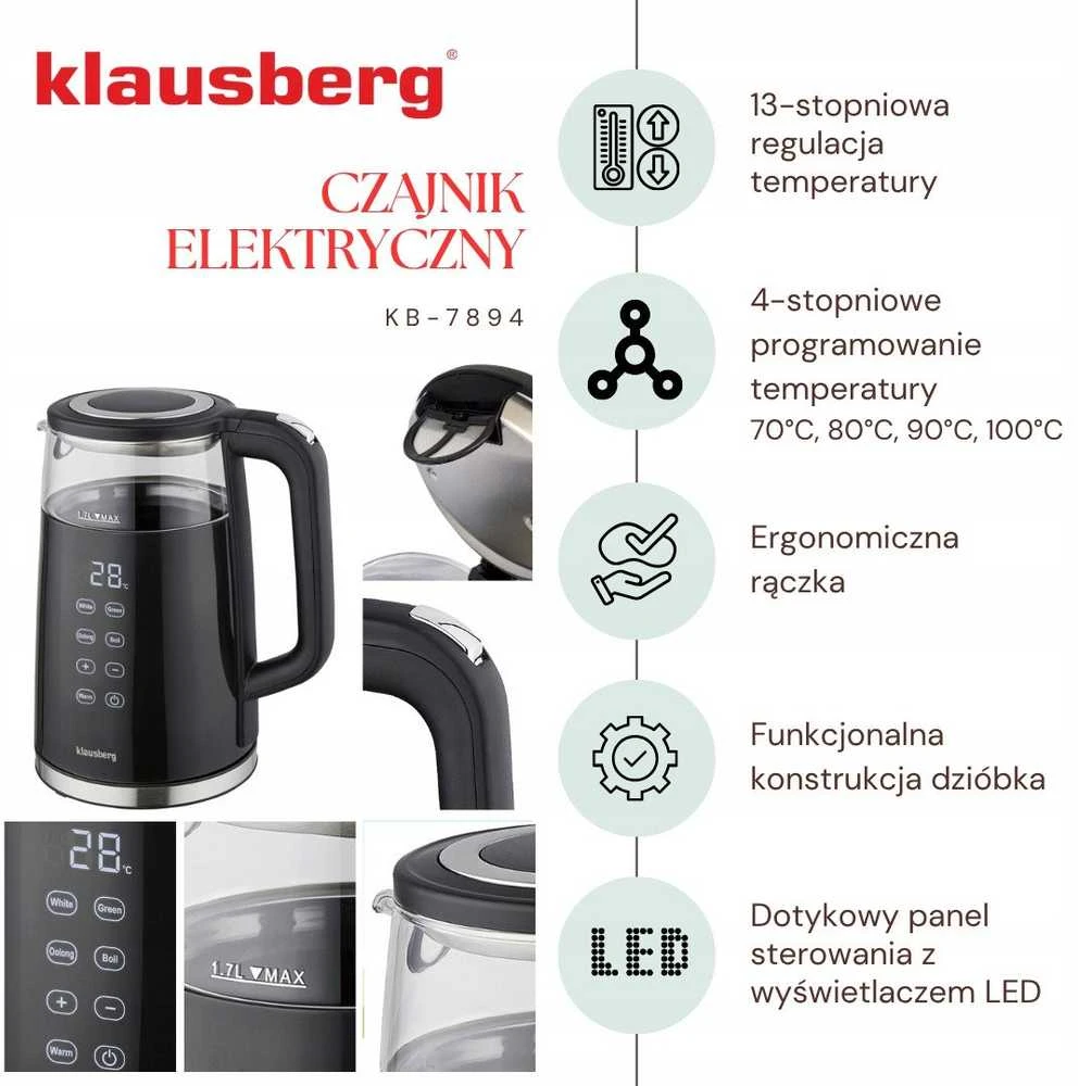 Virdulys, Elektrinis virdulys, stiklinis, juodas, LED panelė, 1 l, Klausberg, kb-7894