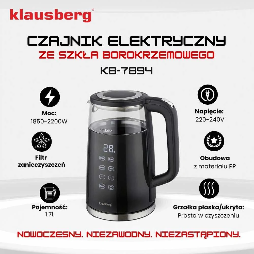 Virdulys, Elektrinis virdulys, stiklinis, juodas, LED panelė, 1 l, Klausberg, kb-7894