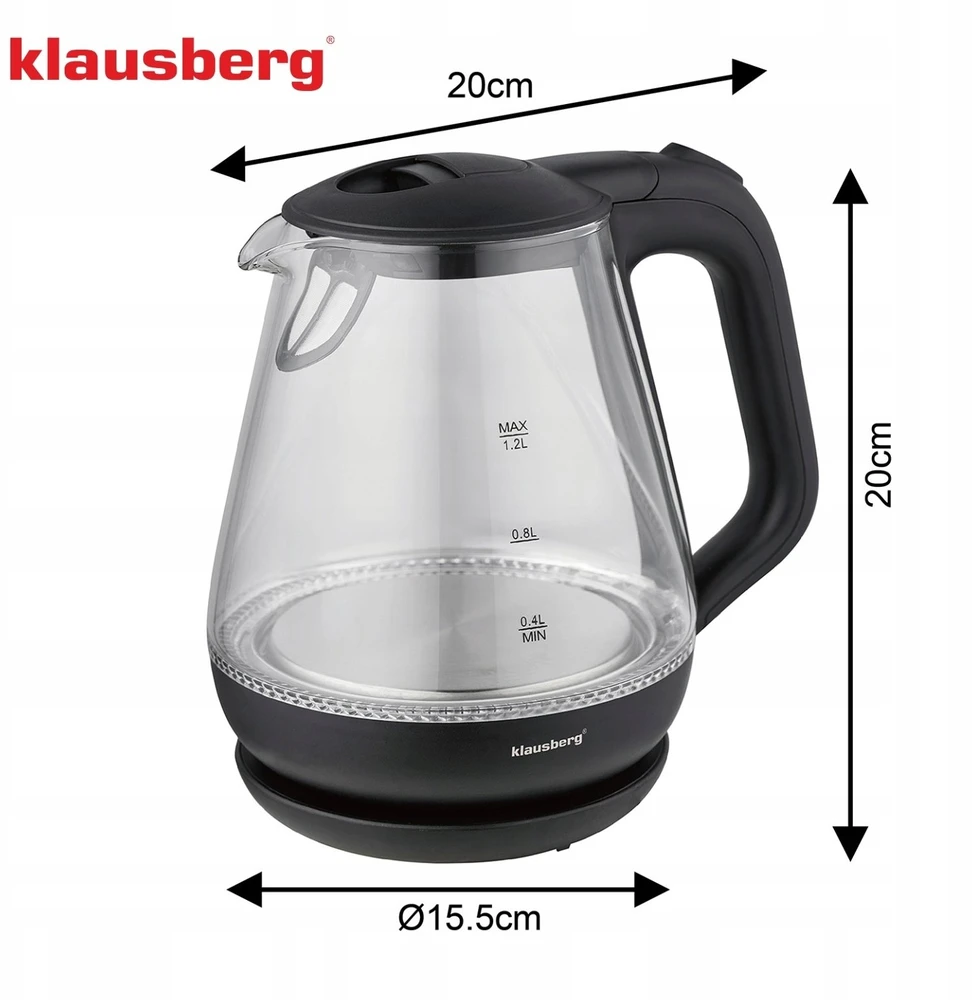 Virdulys, Elektrinis virdulys, stiklinis, 1,2 l, LED, Klausberg kb-9003