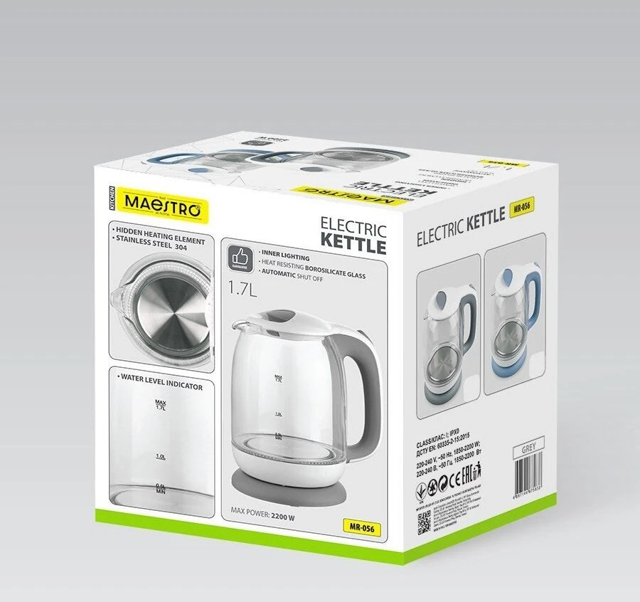 Maestro MR-056-Pilkas Glass Electric Virdulys 1.7 L